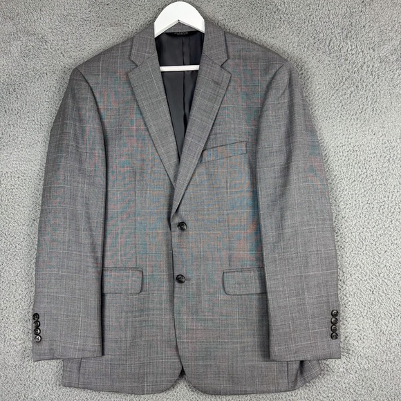 Jos‎ A Bank Blazer Mens 41R Gray Windowpane Wool Traveler Tailored Fit 2 Button